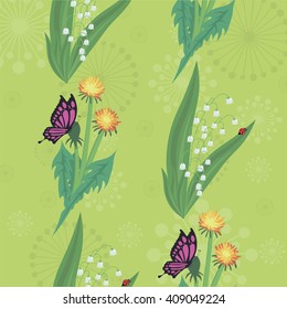 Seamless pattern May flowers. Vector. Butterfly on a dandelion. Ladybug on lily of the valley. 
