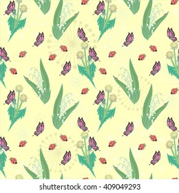 Seamless pattern May flowers. Vector. Butterfly on a dandelion. Ladybug on lily of the valley. 