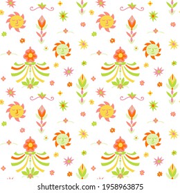 Seamless Pattern With May Pole And Flowers And Suns. Surface Design. 