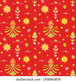 Seamless Pattern With May Pole And Flowers And Suns. Surface Design. 