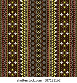 Seamless pattern with Maya style elements in white, black, red, yellow colors. Vertical chain of various geometric shapes forming bright ethnic ornament. Cute contrast print. Vector illustration