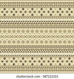 Seamless pattern with Maya style elements in brown, white, sand colors. Horizontal chain of various geometric shapes forming beautiful ethnic ornament. Vector illustration for creative design
