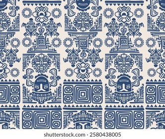 Seamless pattern Mayan Aztec totems vector ornament. Seamless African pattern. Ethnic carpet with chevrons. Modern rug. Geo print on textile. Fabric or textile print, with Mexico native Maya culture.