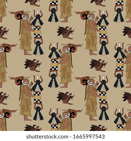 
Seamless pattern with Mayan motifs. Standing priest or warrior. Ancient Mexican pre-Columbian art.