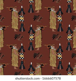 Seamless pattern with Mayan motifs. Standing priest or warrior. Ancient Mexican pre-Columbian art.