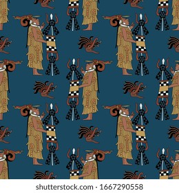 Seamless pattern with Mayan motifs. Standing priest or warrior. Ancient Mexican pre-Columbian art.