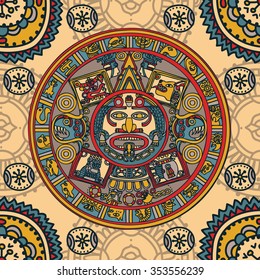 Seamless pattern with Mayan zodiac, ethnic ornament, vector illustration