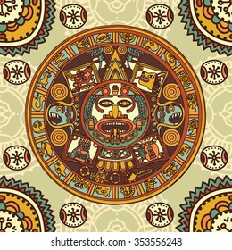 Seamless pattern with Mayan zodiac, ethnic ornament, vector illustration