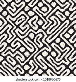 Seamless pattern with maze lines. Monochrome abstract grungy background. Vector hand drawn labyrinth.