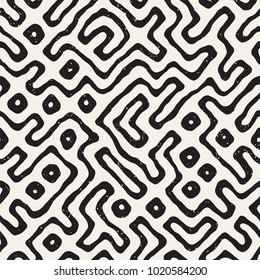 Seamless pattern with maze lines. Monochrome abstract grungy background. Vector hand drawn labyrinth.