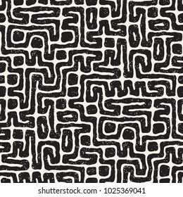 Seamless pattern with maze lines. Monochrome abstract grungy background. Vector hand drawn labyrinth.