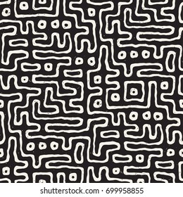 Seamless pattern with maze lines. Monochrome abstract grungy background. Vector hand drawn labyrinth.