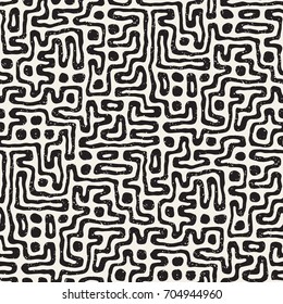 Seamless pattern with maze lines. Monochrome abstract grungy background. Vector hand drawn labyrinth.
