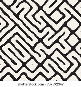 Seamless pattern with maze lines. Monochrome abstract grungy background. Vector hand drawn labyrinth.