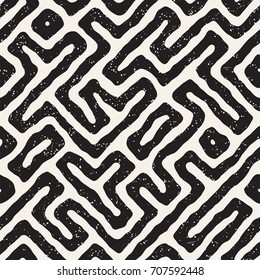 Seamless pattern with maze lines. Monochrome abstract grungy background. Vector hand drawn labyrinth.