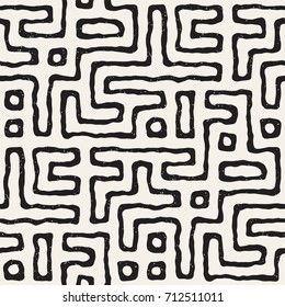 Seamless pattern with maze lines. Monochrome abstract grungy background. Vector hand drawn labyrinth.
