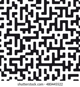 Seamless pattern with maze. Monochrome abstract background. Vector geometric labyrinth. Rounded rectangular shapes.