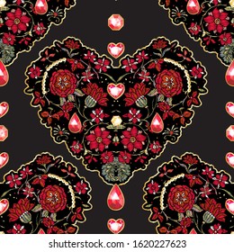 Seamless pattern with mbroidered love heart-shaped patch with a floral pattern in vintage style with rhinestones and sparkles. Vector illustration isolated on black background.