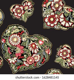 Seamless pattern with mbroidered love heart-shaped patch with a floral pattern in vintage style with rhinestones and sparkles. Vector illustration isolated on black background.