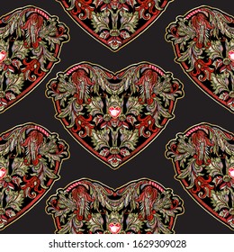 Seamless pattern with mbroidered love heart-shaped patch with a floral pattern in vintage style with rhinestones and sparkles. Vector illustration isolated on black background.