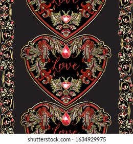 Seamless pattern with mbroidered love heart-shaped patch with a floral pattern in vintage style with rhinestones and sparkles. Vector illustration isolated on black background.
