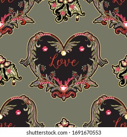 Patrón inquebrantable con parche en forma de corazón de amor bordado con un patrón floral de estilo vintage con rhinestonas y chispas. Ilustración vectorial sobre el fondo verde del ejército.