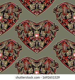 Patrón inquebrantable con parche en forma de corazón de amor bordado con un patrón floral de estilo vintage con rhinestonas y chispas. Ilustración vectorial sobre el fondo verde del ejército.