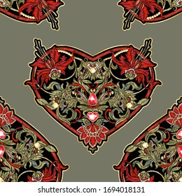 Seamless pattern with mbroidered love heart-shaped patch with a floral pattern in vintage style with rhinestones and sparkles. Vector illustration on army green background.