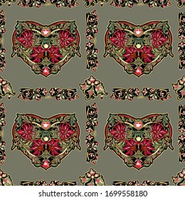 Seamless pattern with mbroidered love heart-shaped patch with a floral pattern in vintage style with rhinestones and sparkles. Vector illustration on army green background.