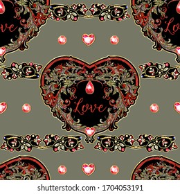 Seamless pattern with mbroidered love heart-shaped patch with a floral pattern in vintage style with rhinestones and sparkles. Vector illustration on army green background.