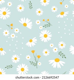 Seamless pattern with meadow, branches, little yellow flower and dots on green background vector illustration. Cute floral print.