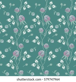 seamless pattern, meadow clover, gray-green background, vector graphics
