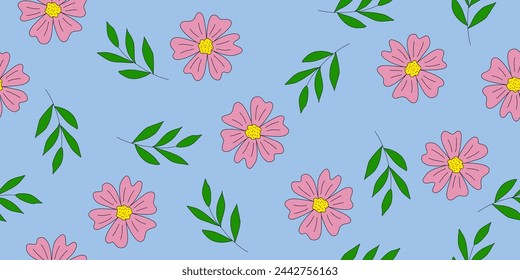 Seamless pattern with meadow or daisy flower head and branches, doodle style vector
