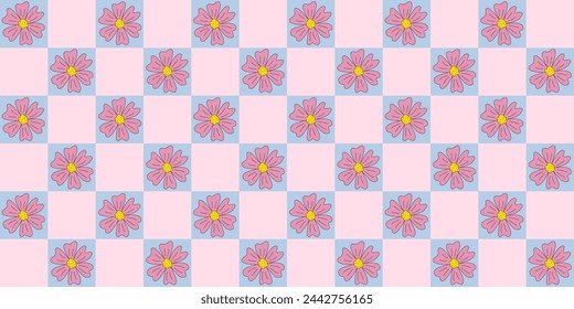 Patrón sin fisuras con flores de prado o margarita, fondo rosa y azul a cuadros, vector
