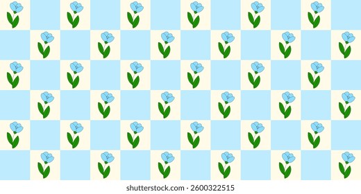 Seamless pattern with meadow or daisy flowers, on checked yellow and blue background, doodle style