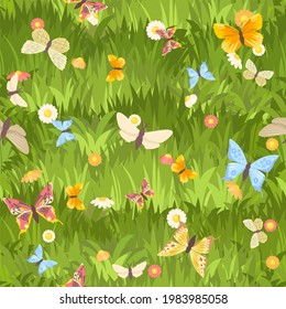 Seamless pattern. Meadow with dense grass, flowers and butterflies close-up. Wild green rural plants. Cartoon style. Flat design. Uncut lawn. Vector illustration. art