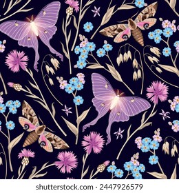 Seamless pattern with meadow flowers and butterflies