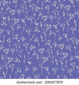 Seamless pattern with meadow flowers in Ditsy style for surface design. The colors of the 2022 year Very Peri, blue a violet-red undertone background. Palette with Anthracite and Cloud Dancer colors