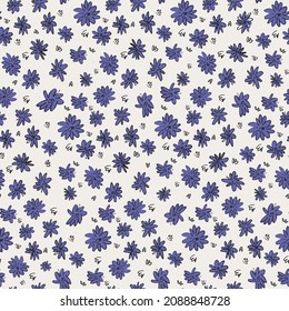 Seamless pattern with meadow flowers in Ditzy style for surface design. The colors of the 2022 year Very Peri, blue a violet-red undertone background. Palette with Anthracite and Cloud Dancer colors