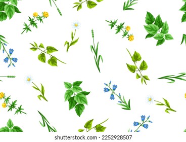 Nahtloses Muster mit Wiesenblumen. Kräuter und Müsligras. Schöne dekorative Frühlingspflanzen.