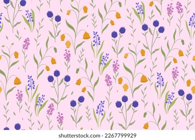 Seamless pattern with meadow flowers on a light pink background. Vector graphics.