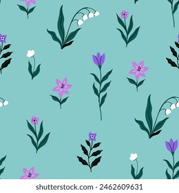Nahtloses Muster mit Wiesenblumen auf türkisfarbenem Hintergrund. Vektorgrafik-Grafiken.