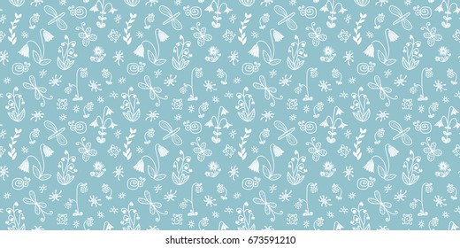 Seamless pattern of meadow flowers, plants and tiny living creatures. All over doodle floral print in pastel blue and white