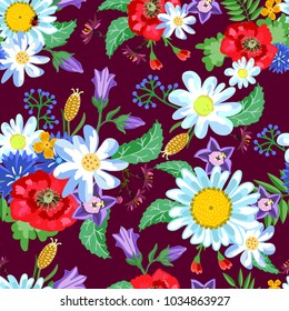 Seamless pattern with meadow flowers. Poppies, bells, cornflowers, carnations, daisies on Burgundy background. For textiles, postcards, backgrounds, Wallpapers, paper, covers, decor.