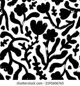 Patrón sin foco con siluetas de flores de pradera. Flores abstractas, varias ramas y tallos botánicos. Dibujo a mano simple adorno vectorial con flores negras pequeñas, chamóiles. Botánica geométrica.