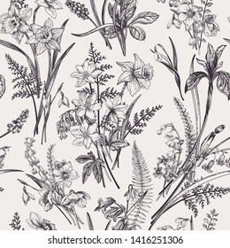 Seamless pattern with meadow and garden flowers and plants. 