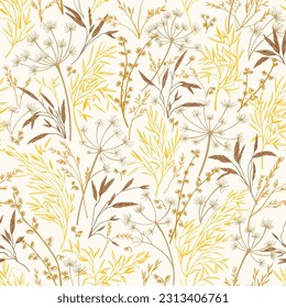 Seamless pattern with meadow herbs . Golden autumn ornament. Vector botanical illustration. Background for wallpaper, fabrics, bed sheets. Art line style.