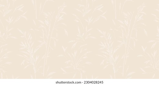 Seamless pattern with meadow herbs. Pastel tones. Vector botanical illustration. Herbal background for wallpaper, fabrics, bed sheets. Reeds, pampas grass, dried grass. Engraving style.