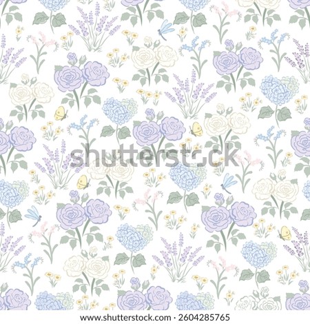 Seamless pattern of meadow with Rose, forget me not, lavender, daisy and bug.