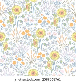 Seamless pattern of meadow with Sunflower, lavender, cosmos, daisy